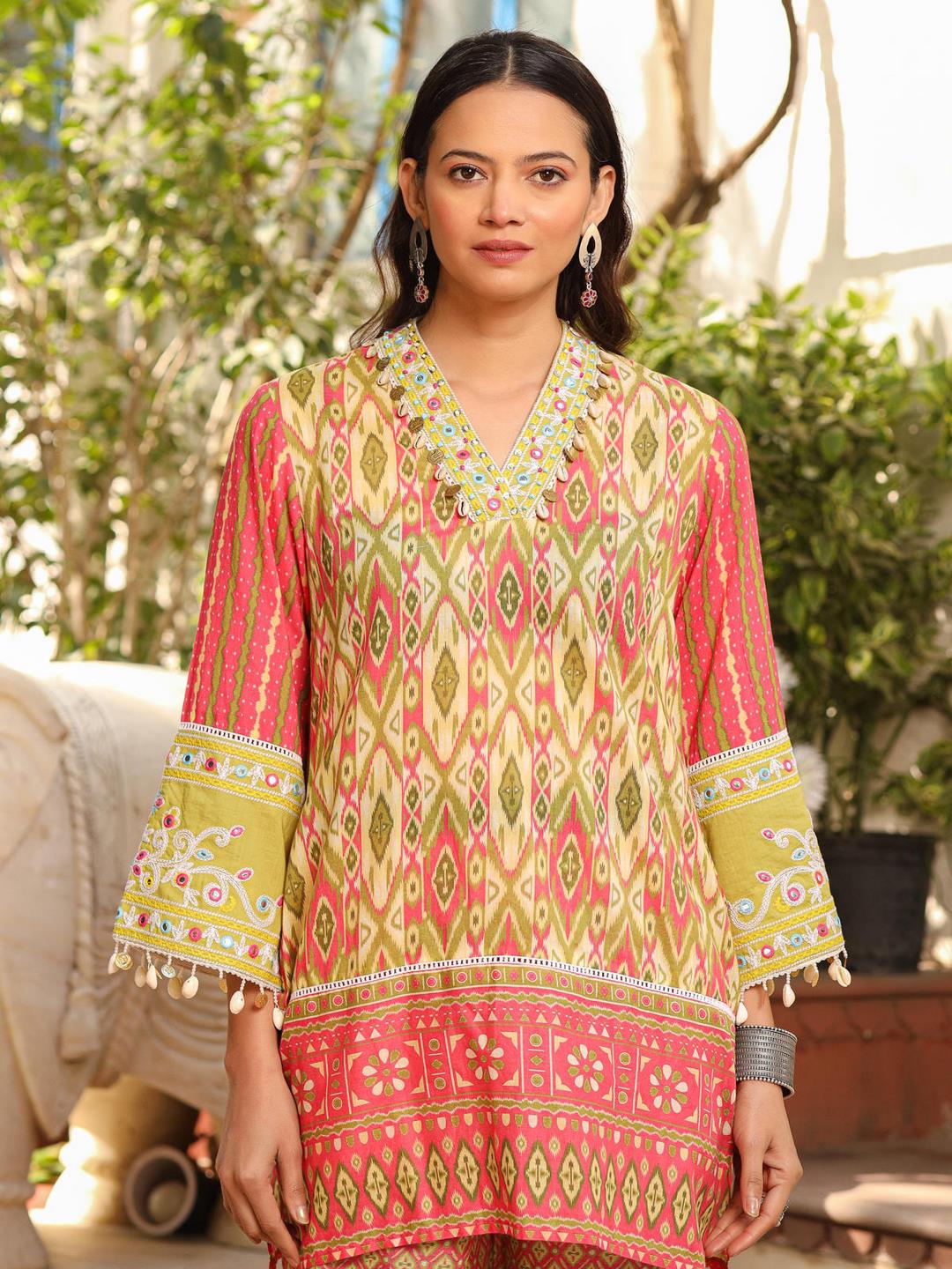 Green Cotton Ikat Printed Short Kurta Bell Bottom & Dupatta With Threaded Embroidery & Kaudis