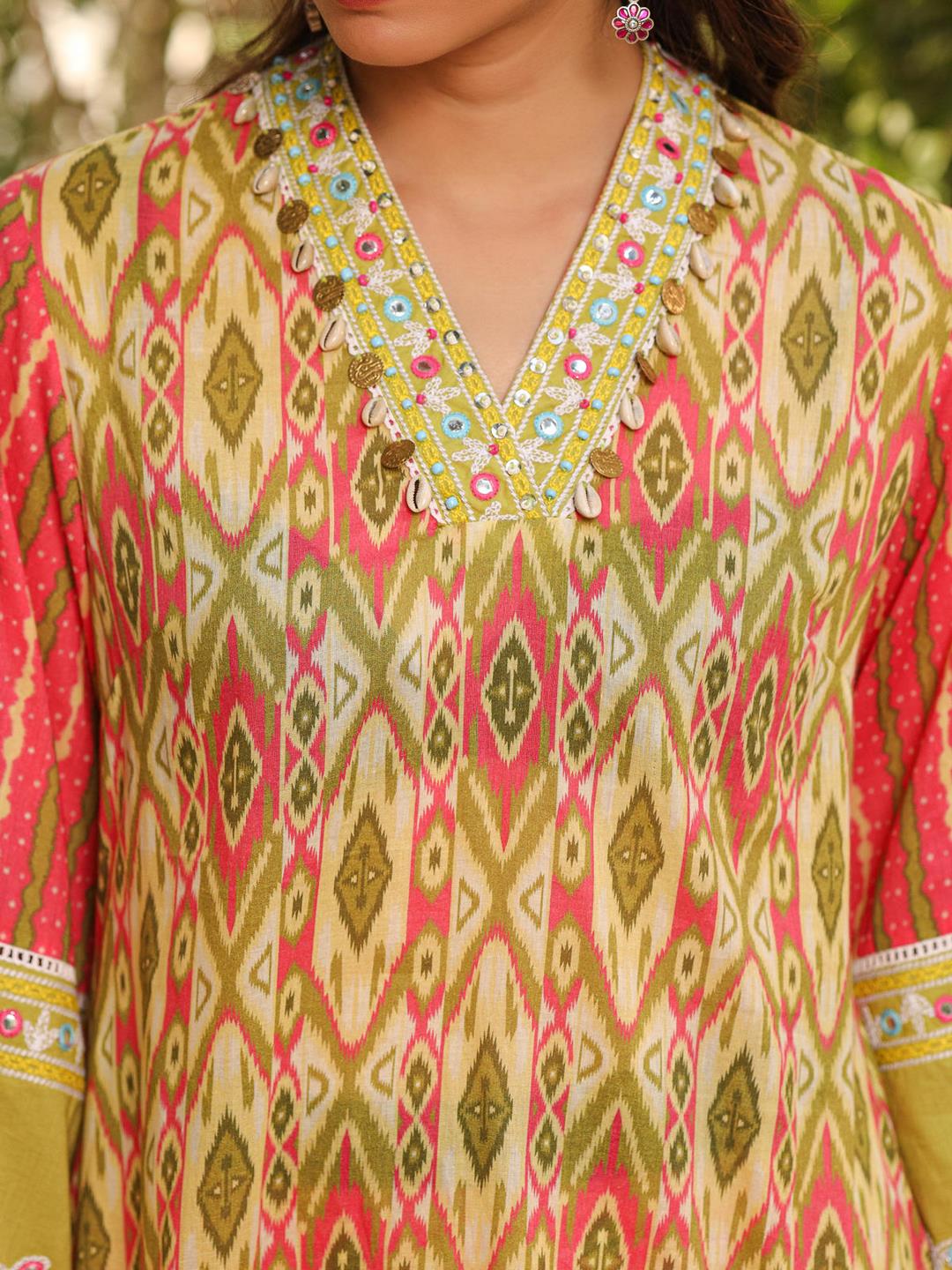 Green Cotton Ikat Printed Short Kurta Bell Bottom & Dupatta With Threaded Embroidery & Kaudis