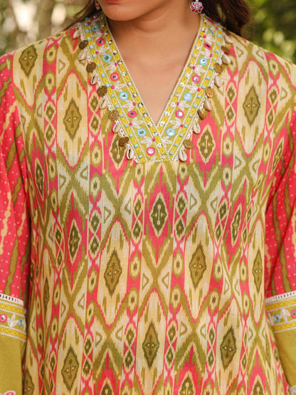 Green Cotton Ikat Printed Short Kurta Bell Bottom & Dupatta With Threaded Embroidery & Kaudis