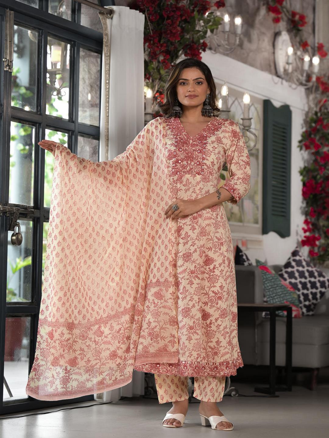 Pink Floral Printed Liva Rayon Kurta, Pant And Dupatta Set With Mirror & Thread Work