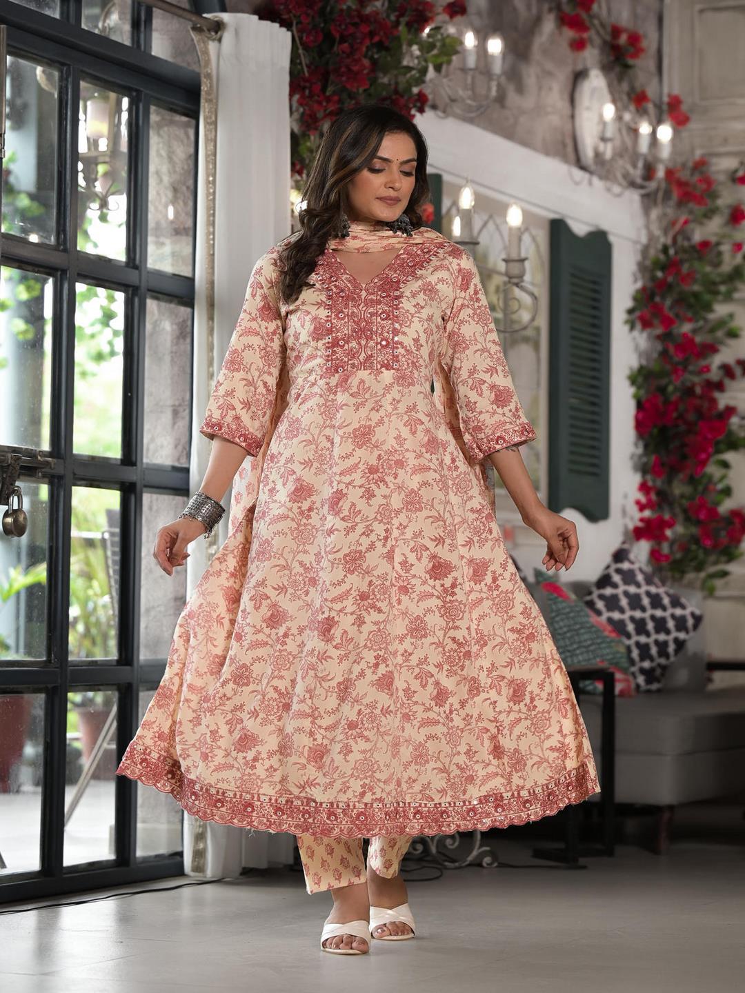 Pink Floral Printed Liva Rayon Kurta, Pant And Dupatta Set With Mirror & Thread Work