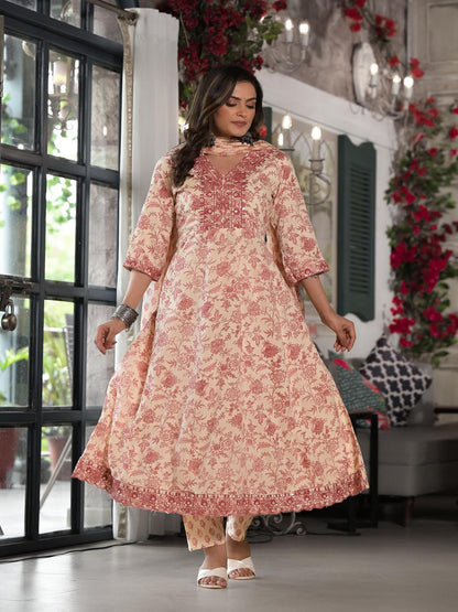 Pink Floral Printed Liva Rayon Kurta, Pant And Dupatta Set With Mirror & Thread Work