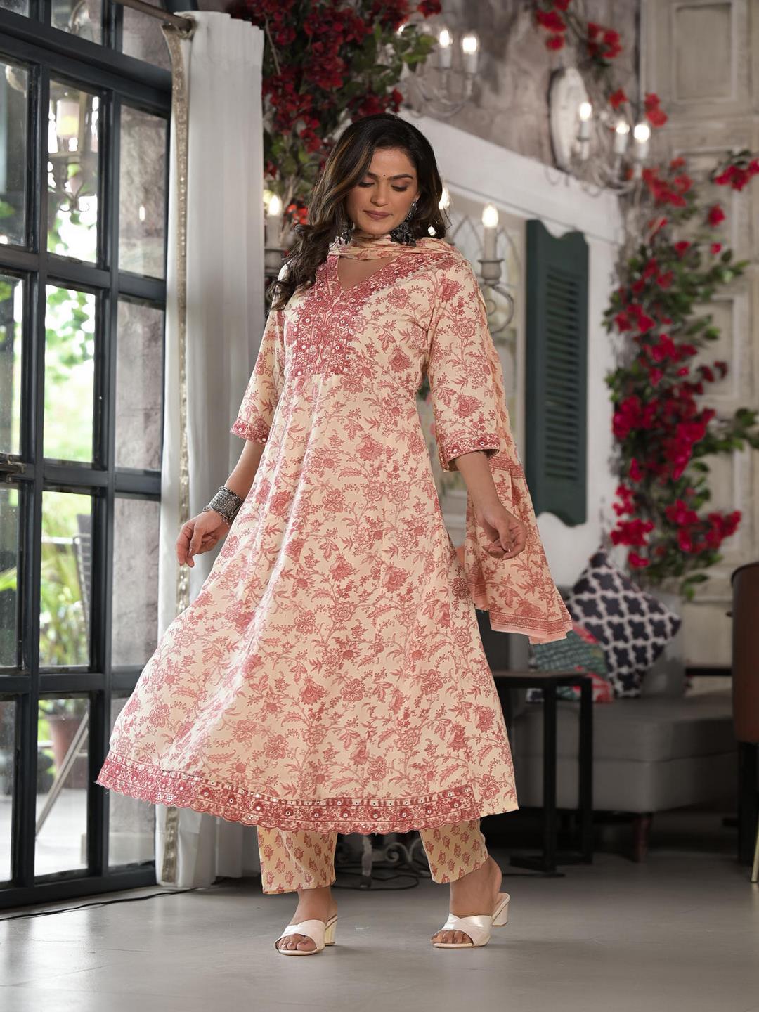 Pink Floral Printed Liva Rayon Kurta, Pant And Dupatta Set With Mirror & Thread Work