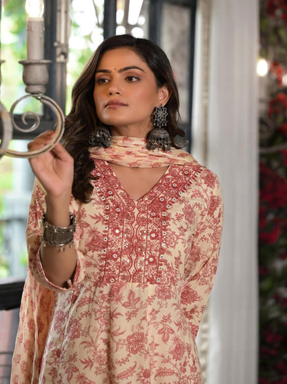 Pink Floral Printed Liva Rayon Kurta, Pant And Dupatta Set With Mirror & Thread Work