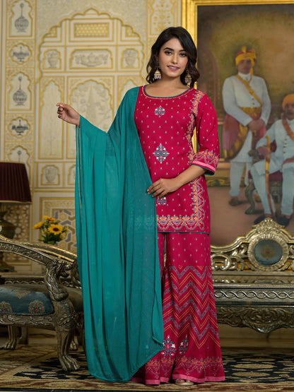 Fuchsia Ethnic Motif Printed Liva Rayon Tunic Sharara And Dupatta Set With Sequins  & Gota Patti Work