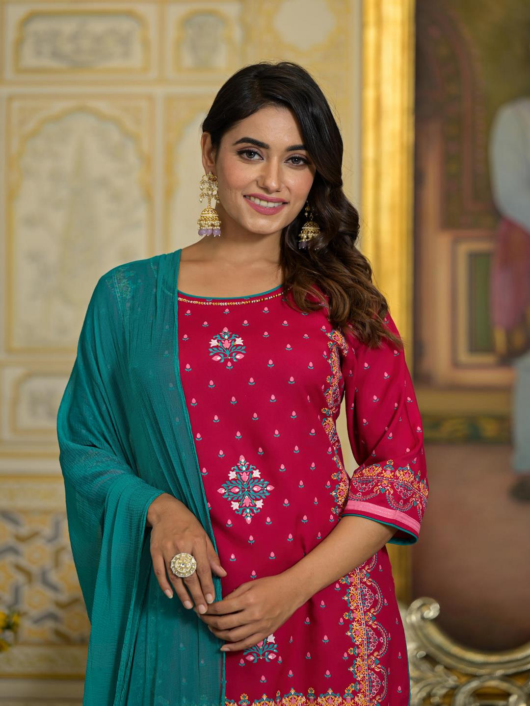 Fuchsia Ethnic Motif Printed Liva Rayon Tunic Sharara And Dupatta Set With Sequins  & Gota Patti Work