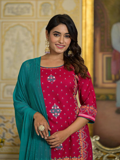 Fuchsia Ethnic Motif Printed Liva Rayon Tunic Sharara And Dupatta Set With Sequins  & Gota Patti Work