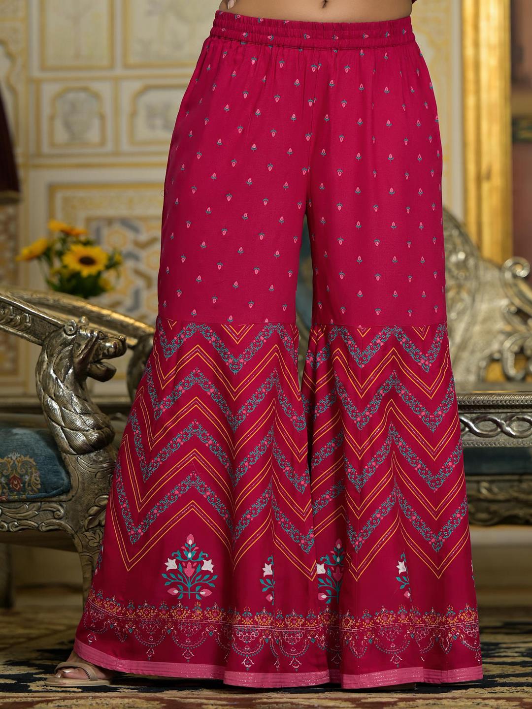 Fuchsia Ethnic Motif Printed Liva Rayon Tunic Sharara And Dupatta Set With Sequins  & Gota Patti Work