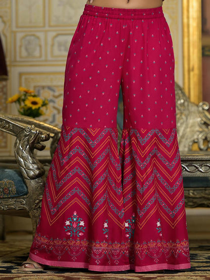 Fuchsia Ethnic Motif Printed Liva Rayon Tunic Sharara And Dupatta Set With Sequins  & Gota Patti Work