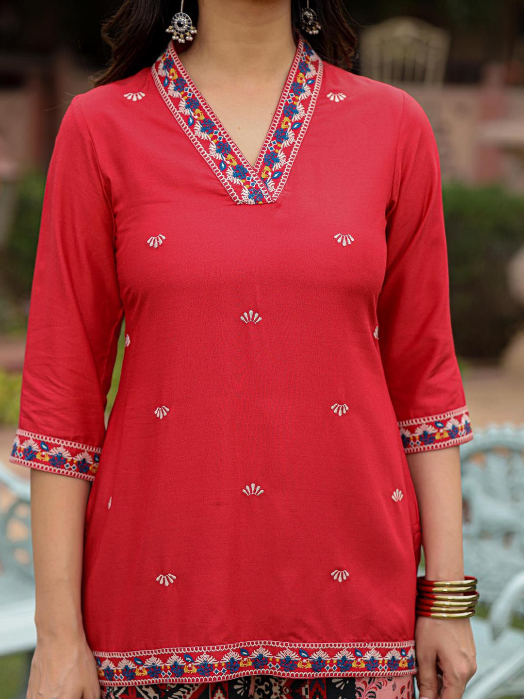 Rust Thered Embroidered Rayon Kurta Sharara & Voile Dupatta Set