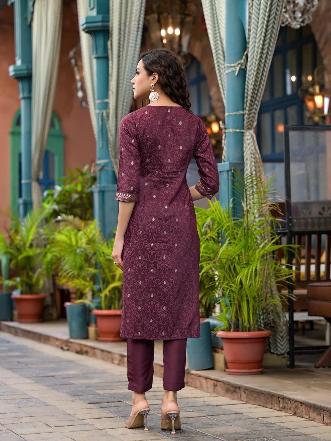 Wine Ethnic Motif Printed Muslin Kurta Set With Zari Work & Gota Patti