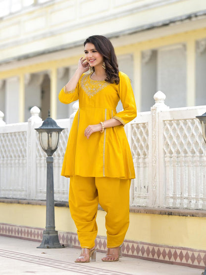 Mustard Solid Viscose Kurta & Pant Set With Zari & Mirror Work
