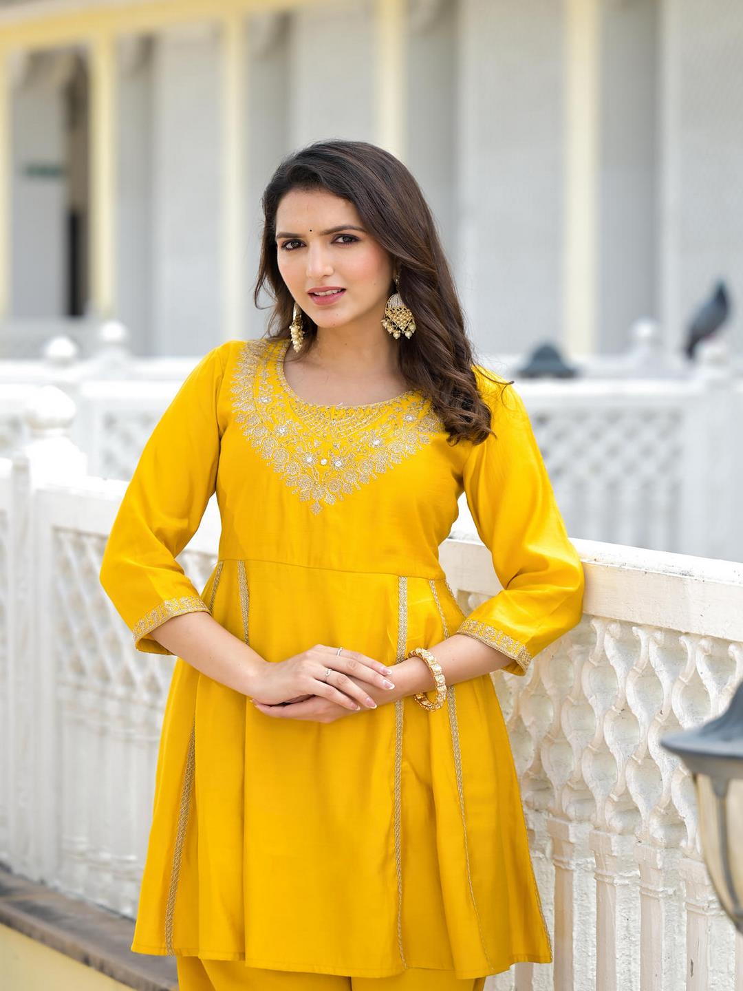 Mustard Solid Viscose Kurta & Pant Set With Zari & Mirror Work