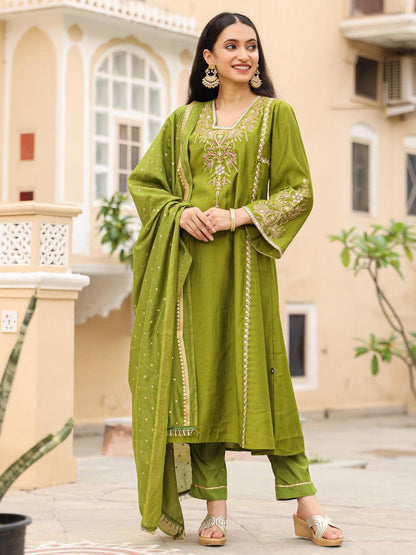 The Swarn Mehndi Green Thread Embroidered Viscose Kurta Pant And Dupatta With Mirror & Zari Work
