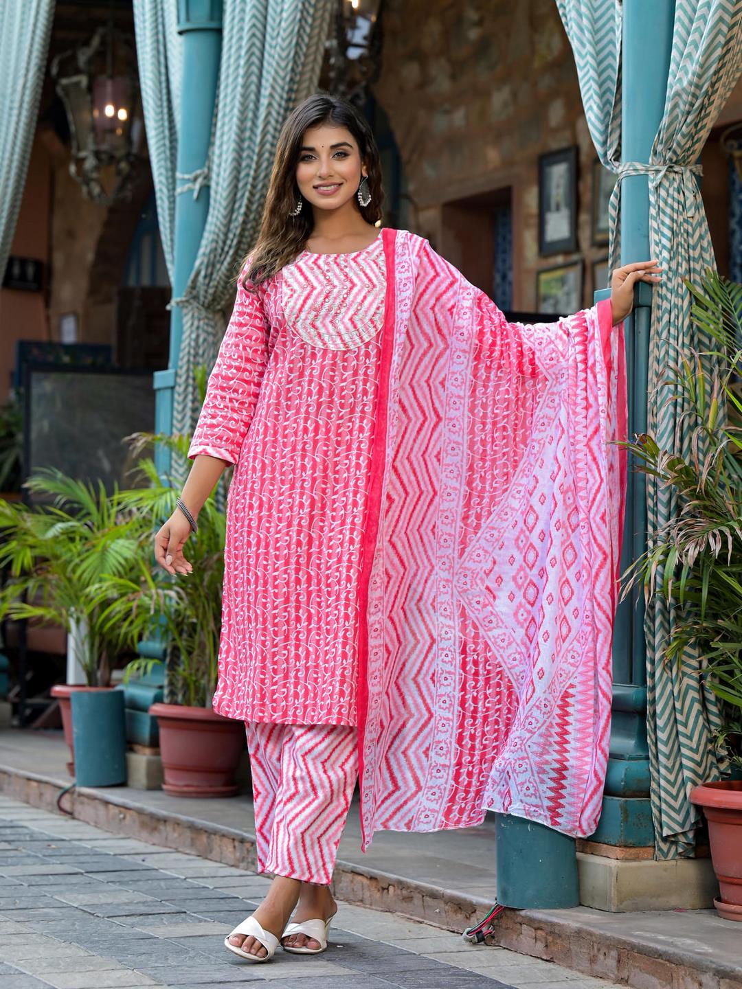 Pink Ethnic Motif Printed Cotton Kurta, Pant And Dupatta Set With Mirror & Thread Work
