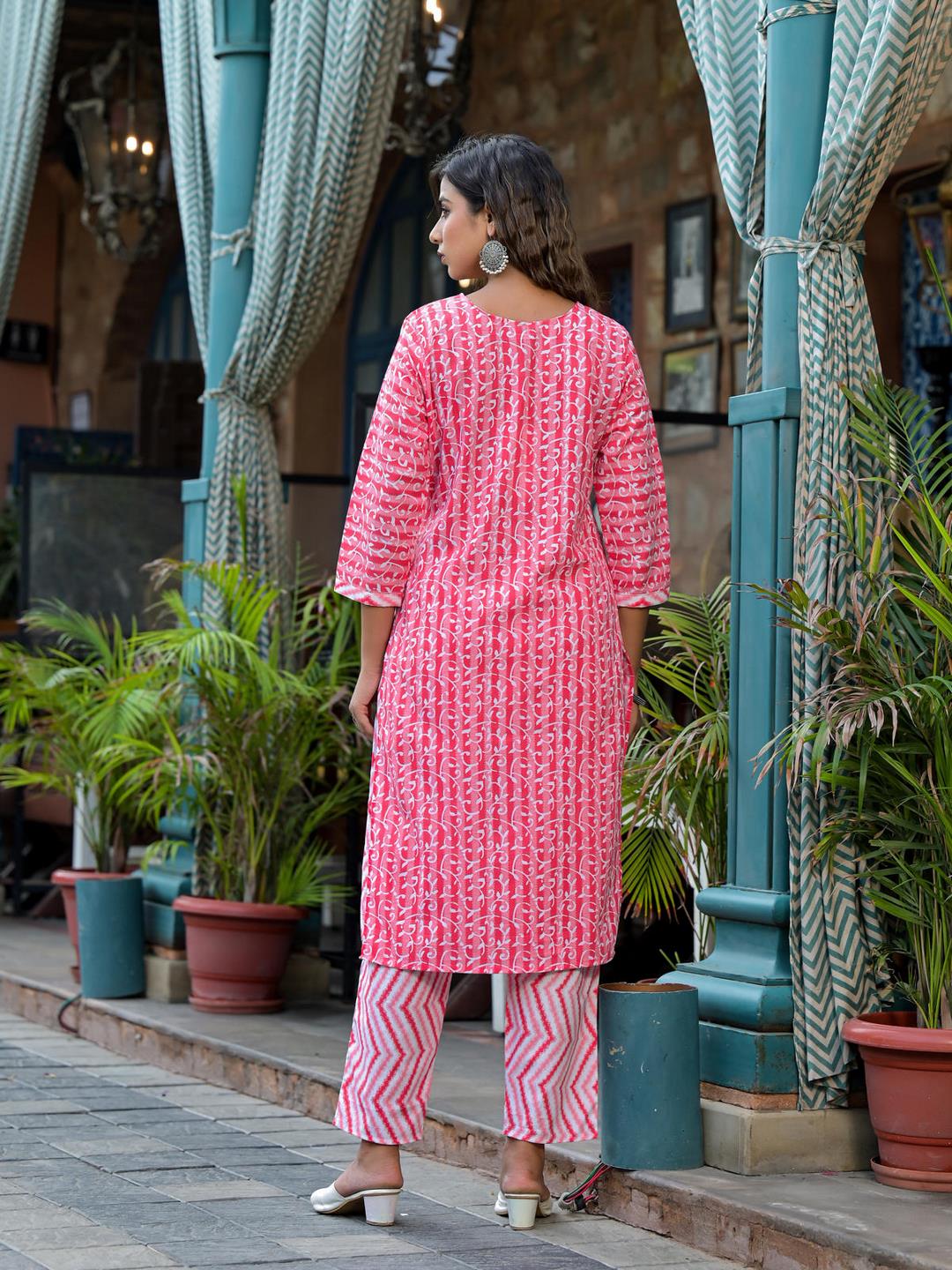 Pink Ethnic Motif Printed Cotton Kurta, Pant And Dupatta Set With Mirror & Thread Work