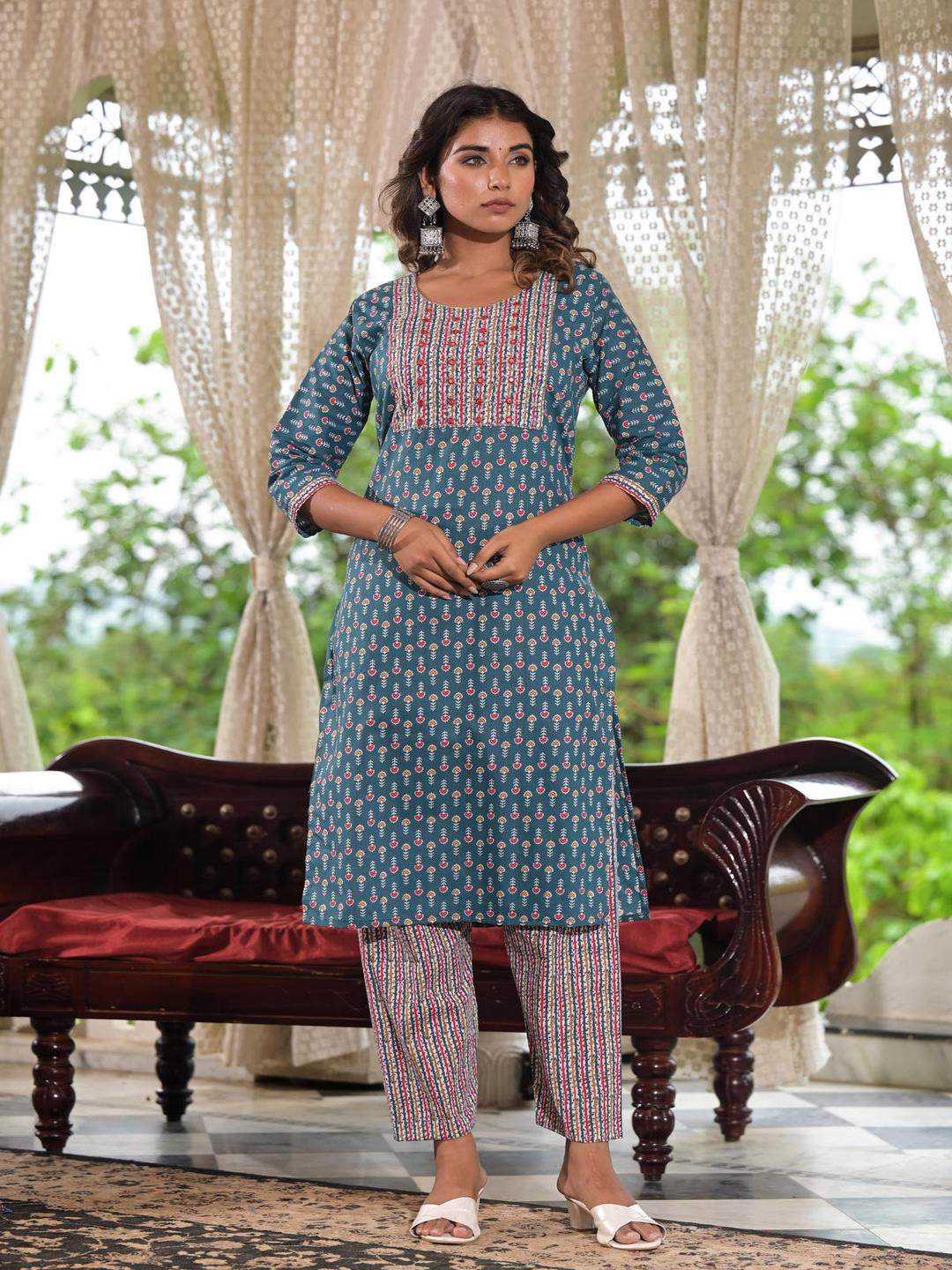 Teal Blue Ethnic Motif Printed Cotton Kurta, Pant And Dupatta Set With Zari & Thread Work