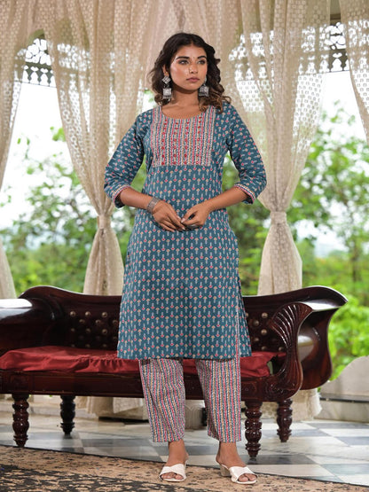 Teal Blue Ethnic Motif Printed Cotton Kurta, Pant And Dupatta Set With Zari & Thread Work