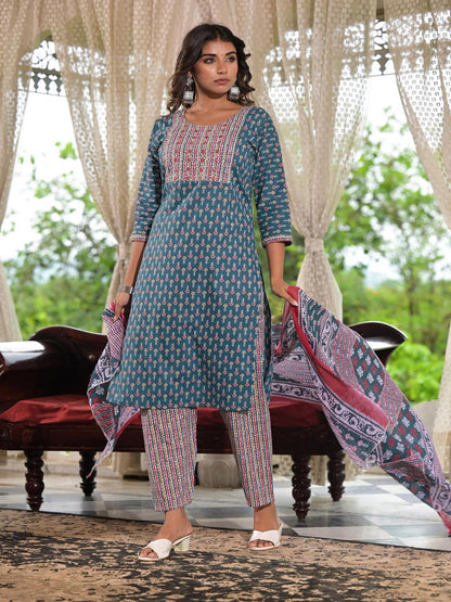 Teal Blue Ethnic Motif Printed Cotton Kurta, Pant And Dupatta Set With Zari & Thread Work