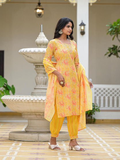 Yellow Ethnic Motif Printed Cotton Kurta Pant With Dupatta Set With Sequins & Lace