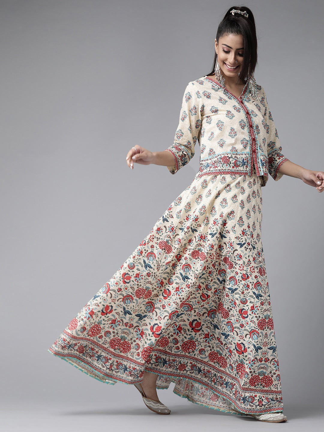 Beige Floral Printed Pure Cotton Lehenga Choli With Gota Work