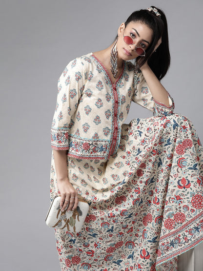 Beige Floral Printed Pure Cotton Lehenga Choli With Gota Work