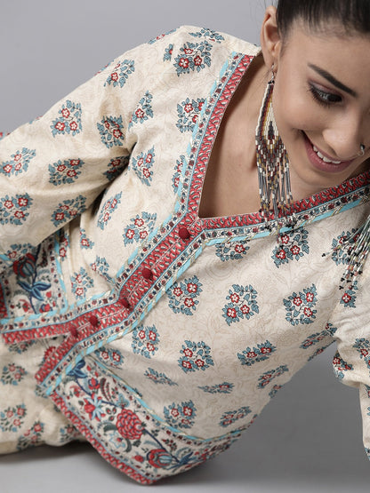 Beige Floral Printed Pure Cotton Lehenga Choli With Gota Work