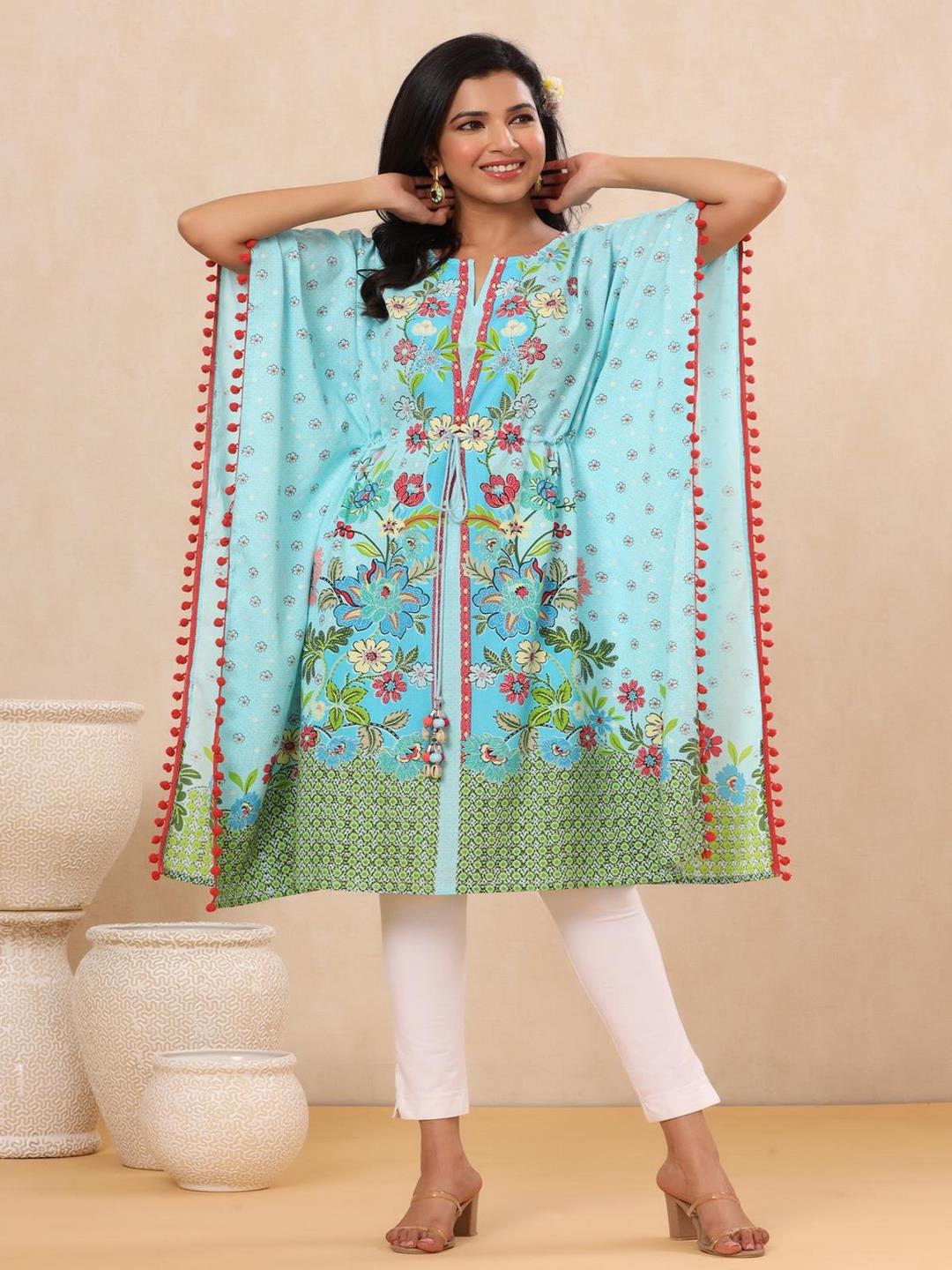 Sky Blue Floral Printed Calf-Length Rayon Kaftan.
