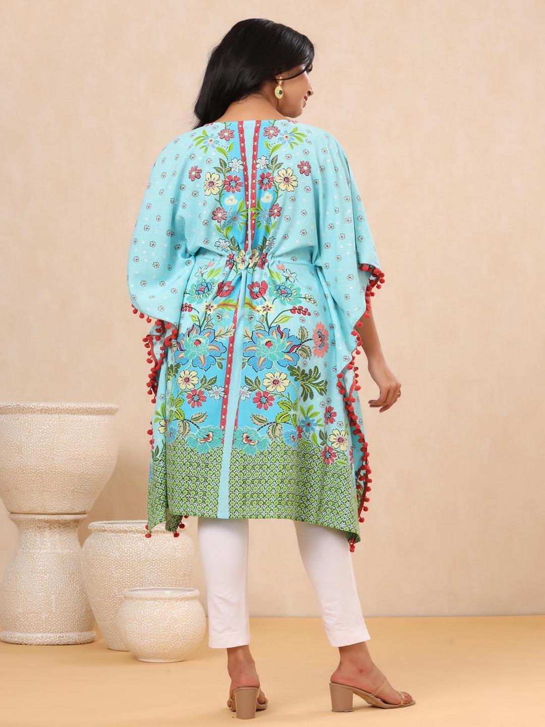 Sky Blue Floral Printed Calf-Length Rayon Kaftan.