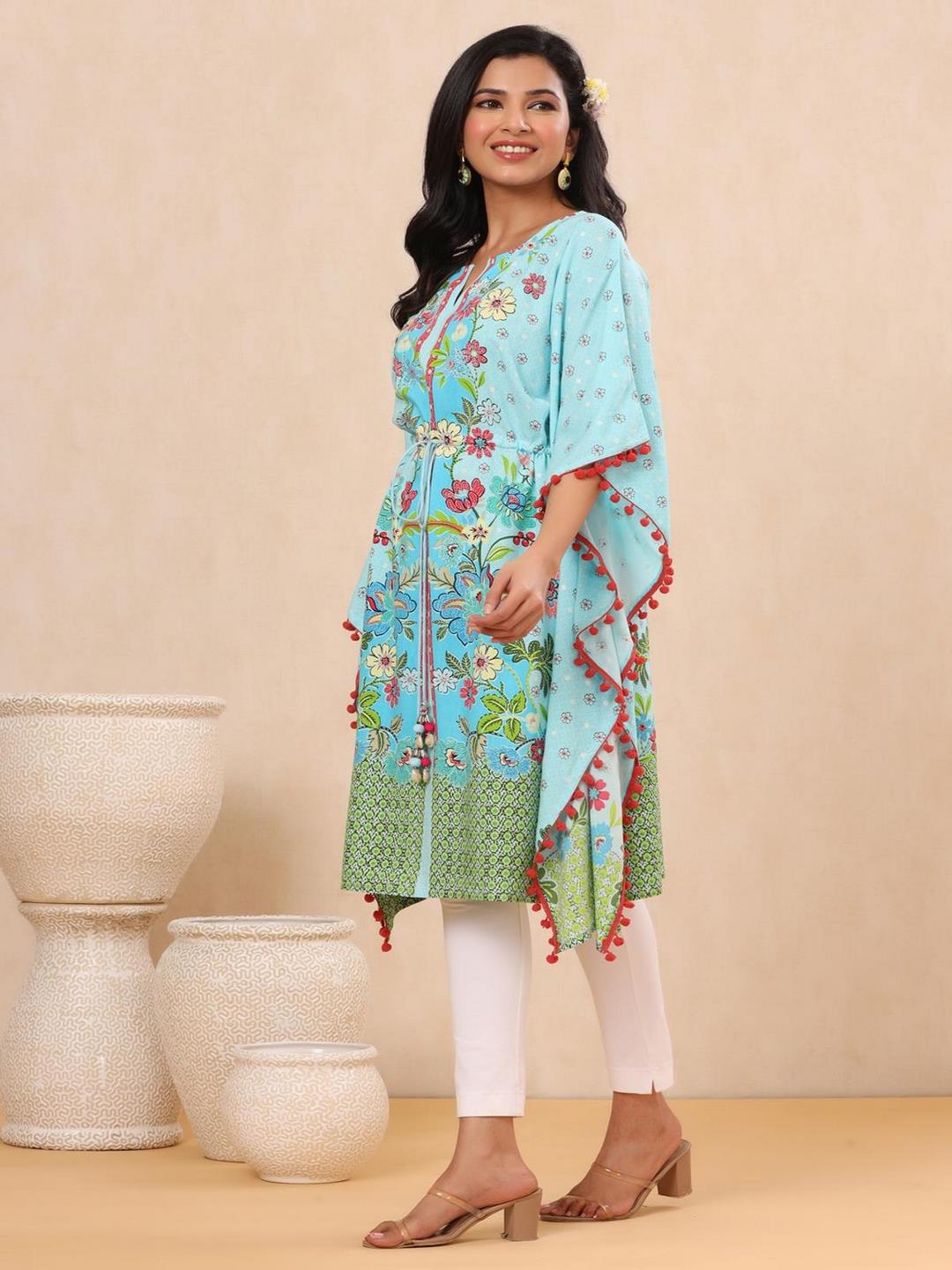Sky Blue Floral Printed Calf-Length Rayon Kaftan.