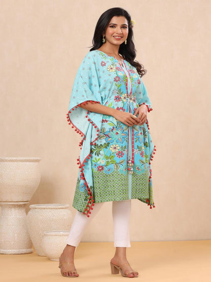 Sky Blue Floral Printed Calf-Length Rayon Kaftan.