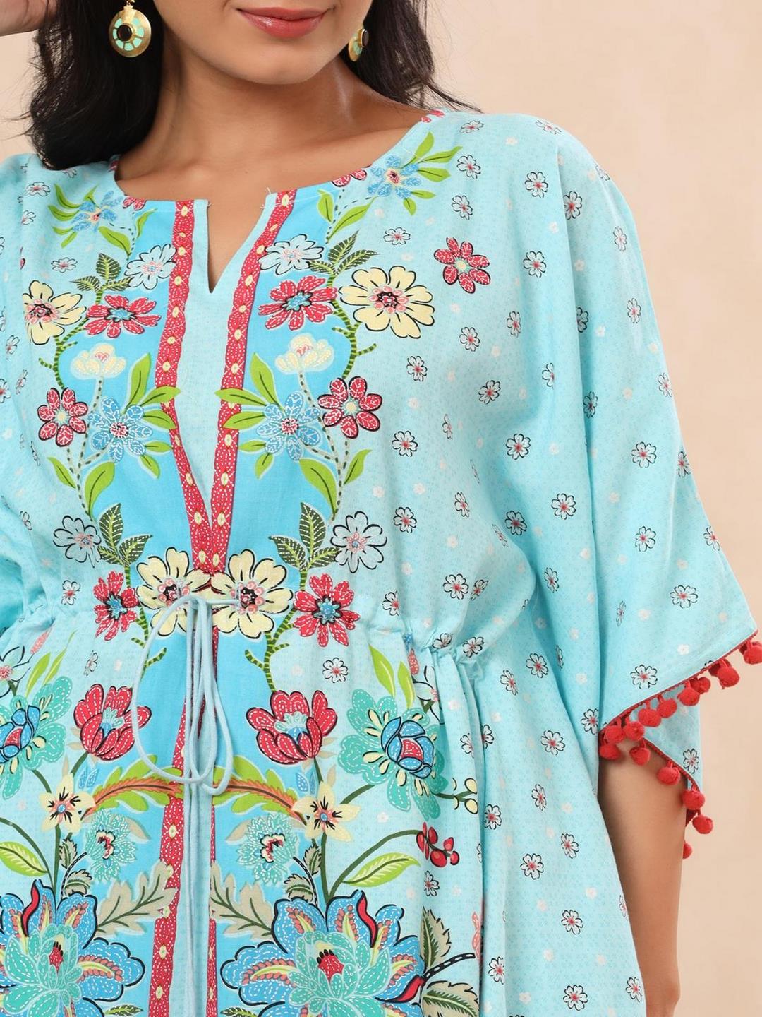Sky Blue Floral Printed Calf-Length Rayon Kaftan.