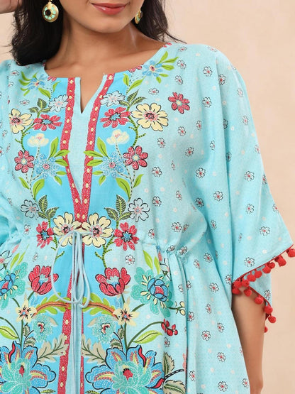 Sky Blue Floral Printed Calf-Length Rayon Kaftan.