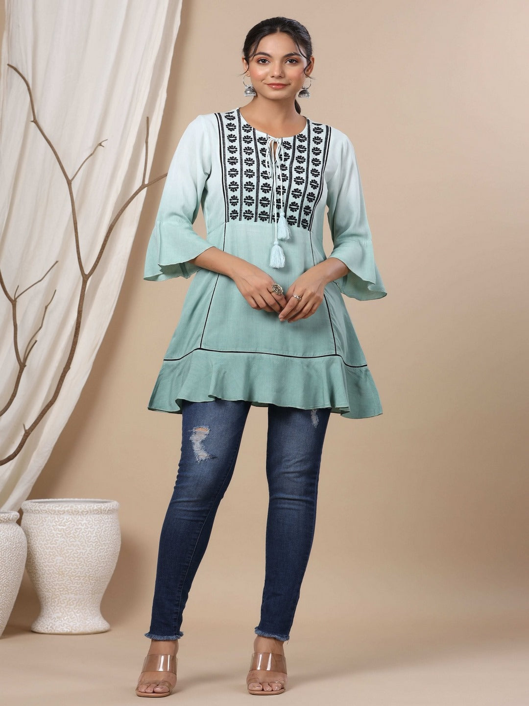 Sage Green Rayon Ombre A-Line Tunic With Embroidered Yoke