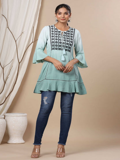 Sage Green Rayon Ombre A-Line Tunic With Embroidered Yoke
