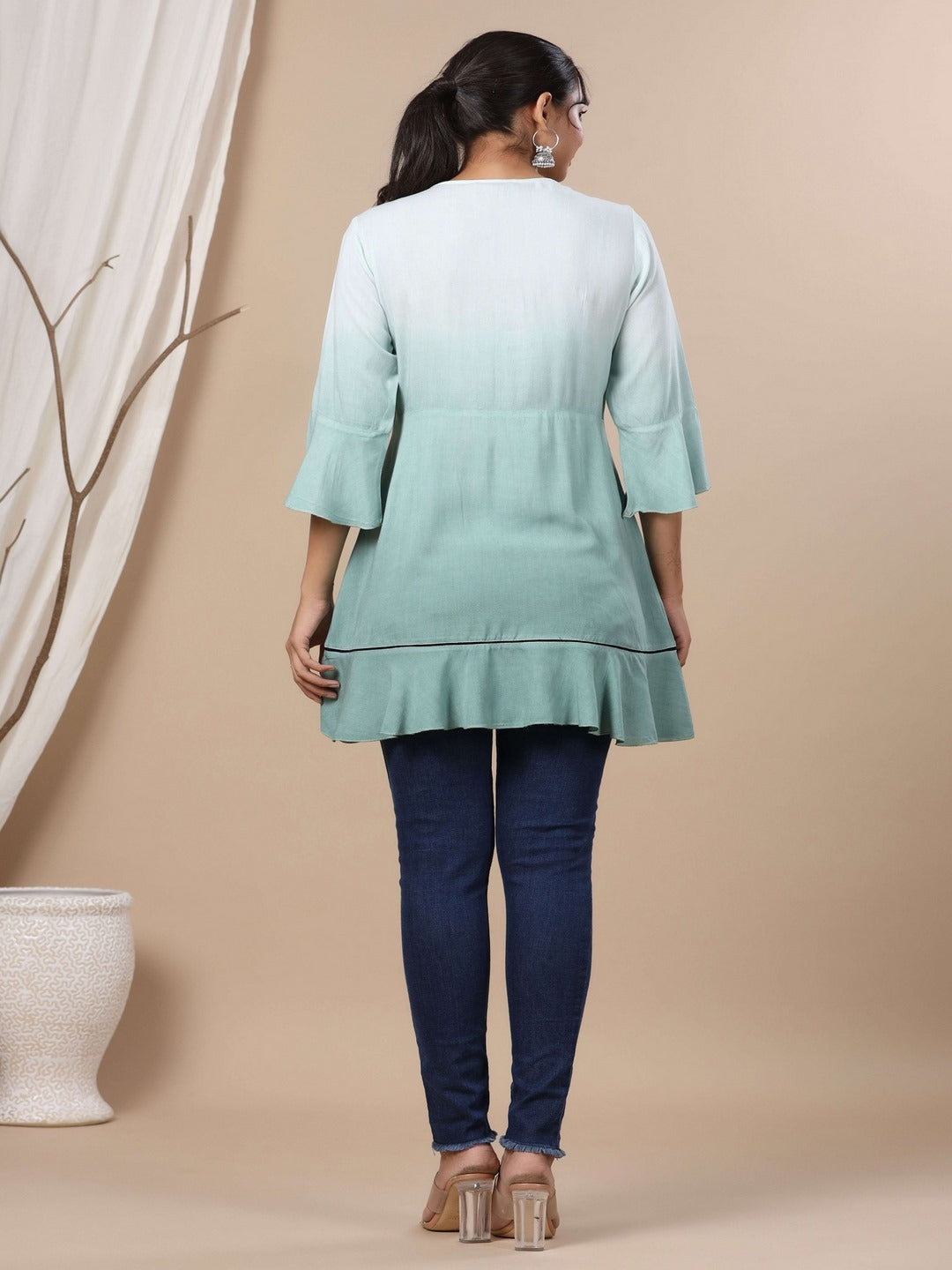 Sage Green Rayon Ombre A-Line Tunic With Embroidered Yoke