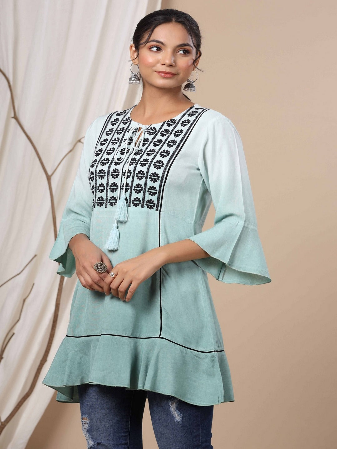 Sage Green Rayon Ombre A-Line Tunic With Embroidered Yoke