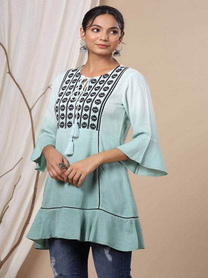 Sage Green Rayon Ombre A-Line Tunic With Embroidered Yoke