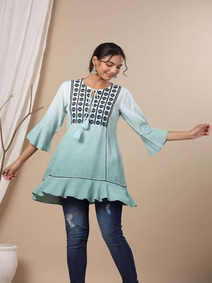Sage Green Rayon Ombre A-Line Tunic With Embroidered Yoke
