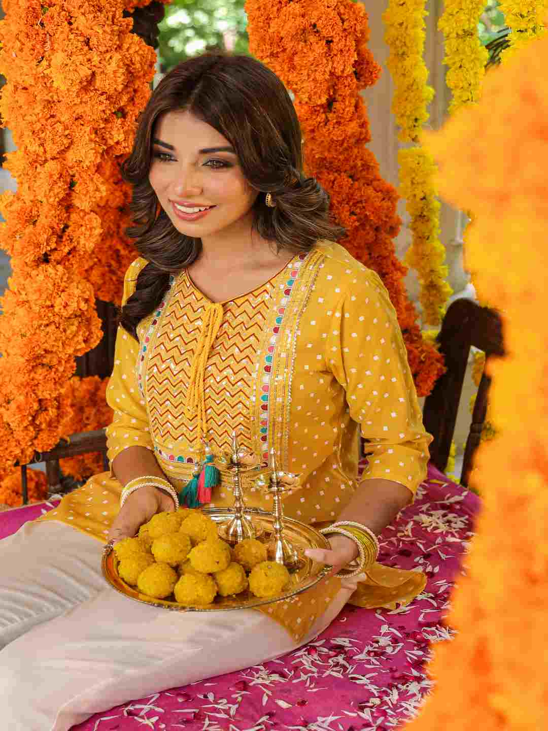 Yellow Muslin Printed High-Low Straight Tunic With Embroidered Yoke