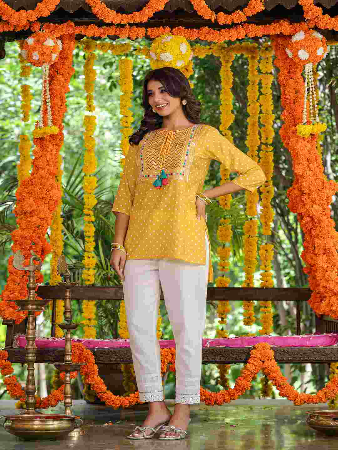 Yellow Muslin Printed High-Low Straight Tunic With Embroidered Yoke