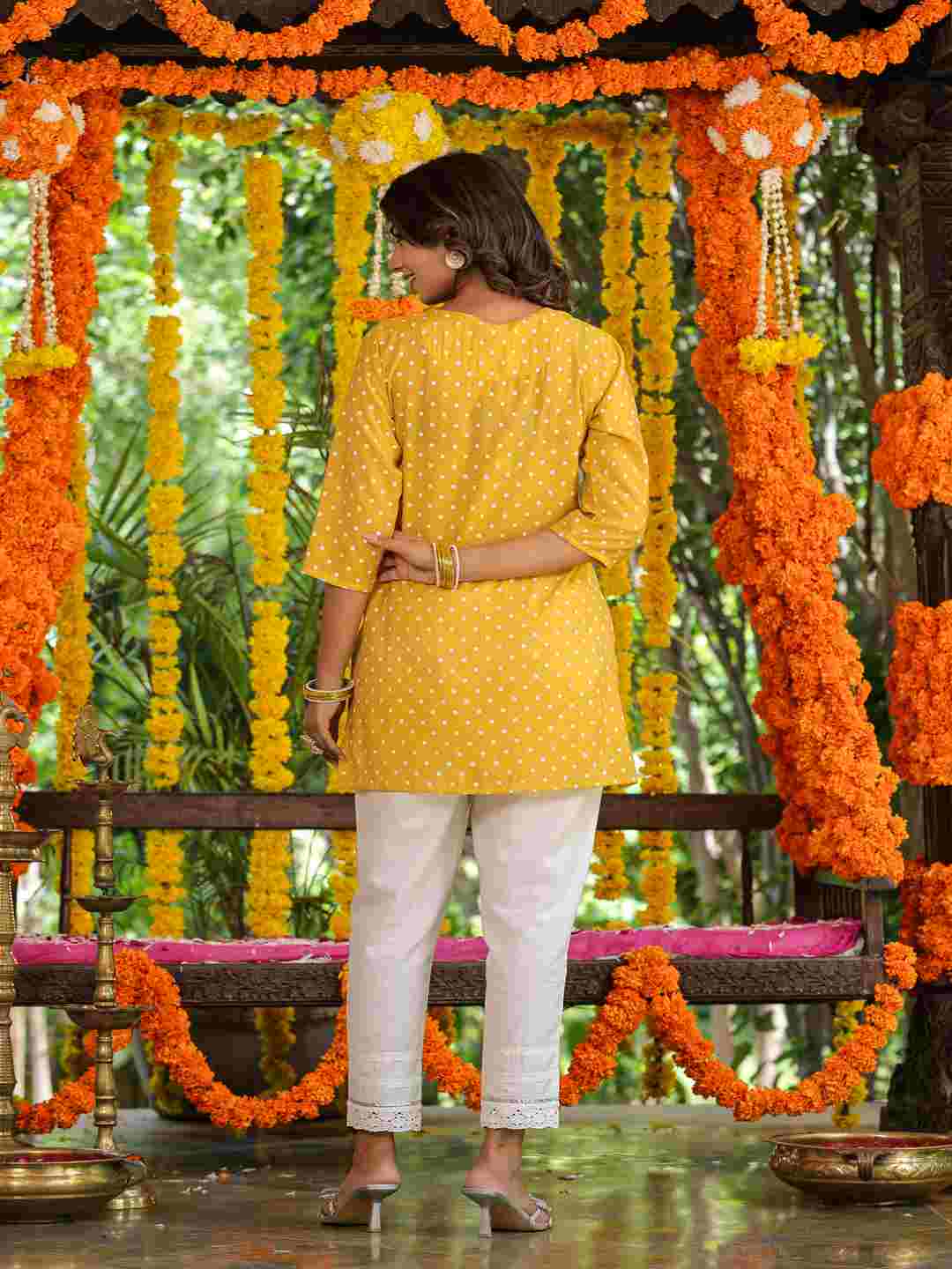 Yellow Muslin Printed High-Low Straight Tunic With Embroidered Yoke