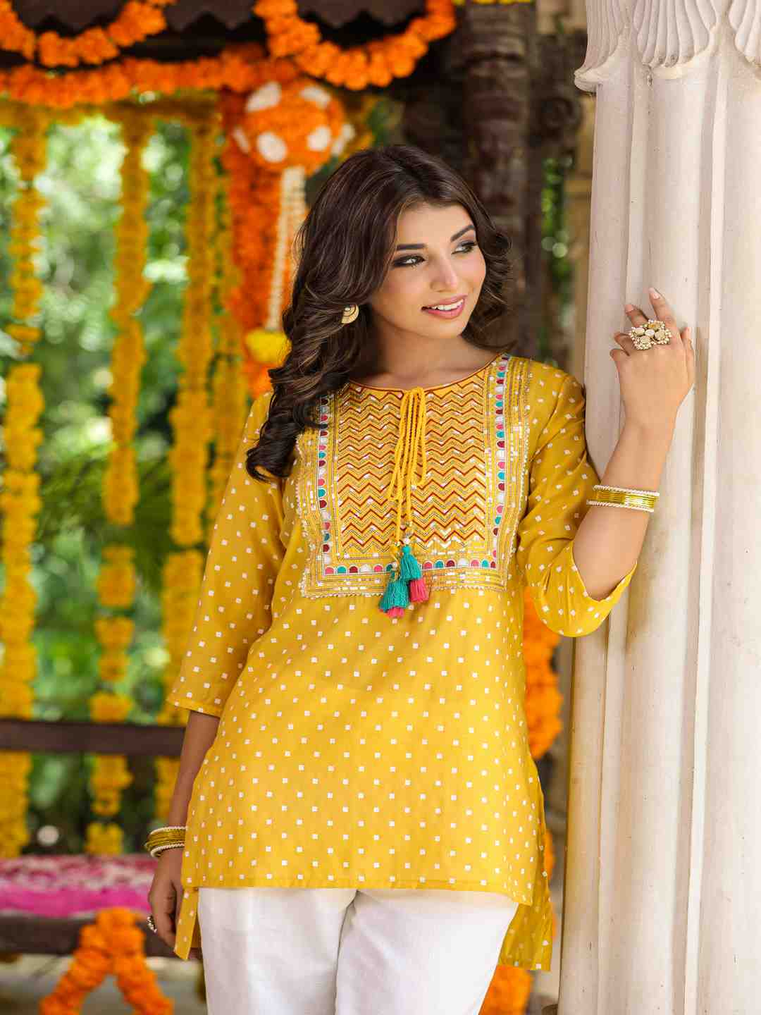 Yellow Muslin Printed High-Low Straight Tunic With Embroidered Yoke