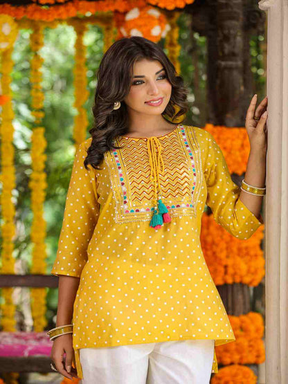Yellow Muslin Printed High-Low Straight Tunic With Embroidered Yoke