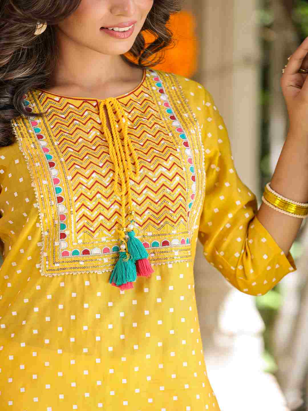 Yellow Muslin Printed High-Low Straight Tunic With Embroidered Yoke