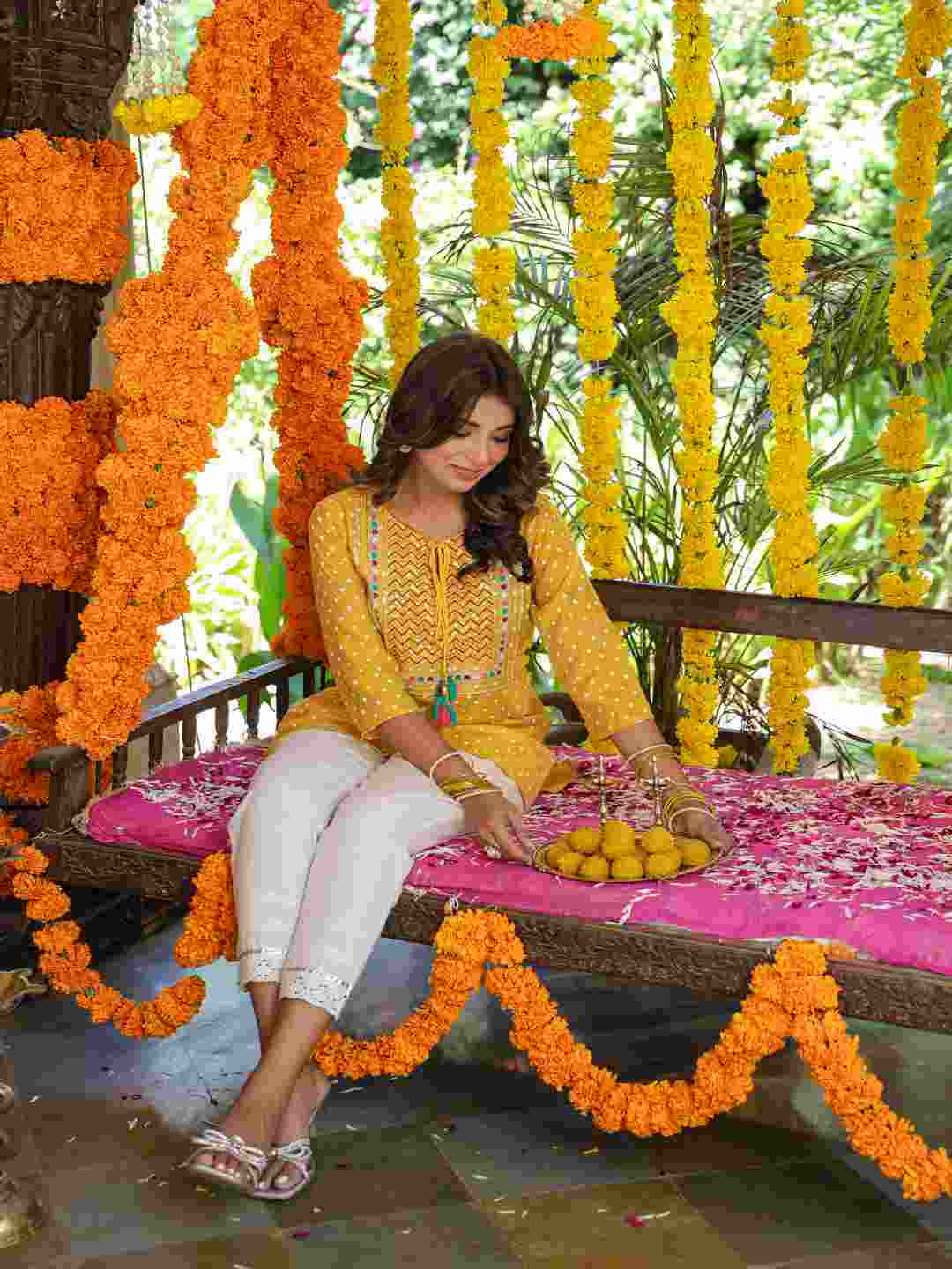 Yellow Muslin Printed High-Low Straight Tunic With Embroidered Yoke