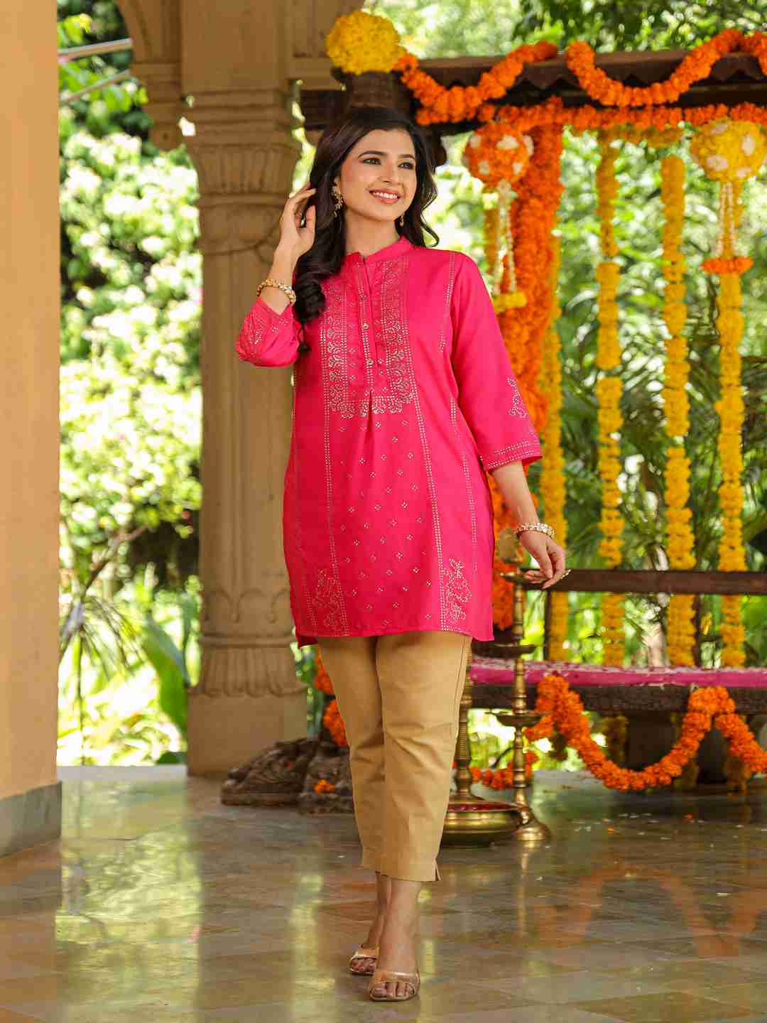 Fuchsia Chinon Silk Mukesh Work Straight Tunic