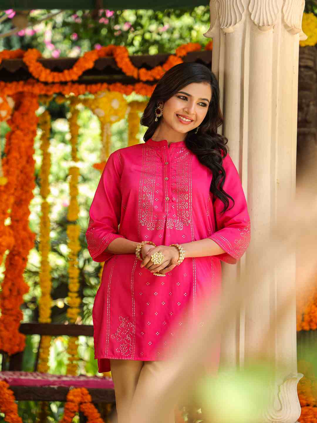 Fuchsia Chinon Silk Mukesh Work Straight Tunic