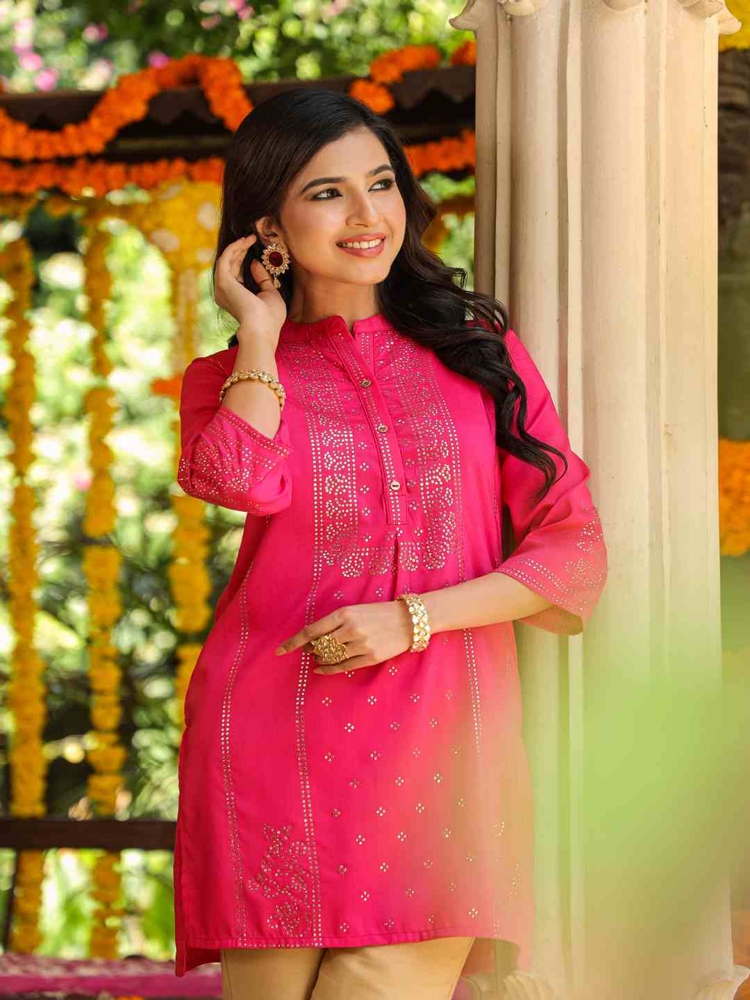 Fuchsia Chinon Silk Mukesh Work Straight Tunic