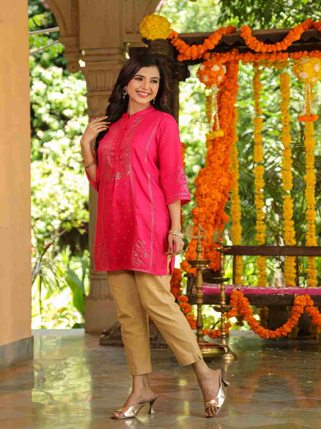 Fuchsia Chinon Silk Mukesh Work Straight Tunic